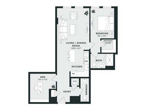 Floor plan for 1 bed, 1 bath, 925 sqft